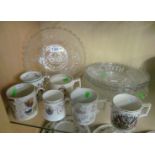 Three World War One commemorative mugs, commemorative glass dishes and three Queen Victoria mugs