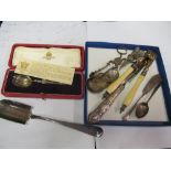 A silver handled paperknife, pair knips, silver coronation spoon et cetera