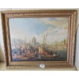 A 19th Century oil on canvas figures on boats by a dock in gilt frame