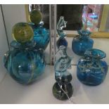 A Mdina blue glass vase, Mdina bottle and a seahorse