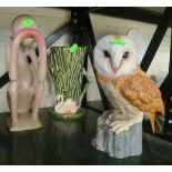 A Poole dolphin, SylvaC vase, owl and two modern sculptures