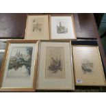 Henri le Richy - four signed coloured etchings Paris scenes and another etching Delft