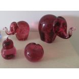 Two Wedgwood glass elephants (one trunk a/f), an apple and a pear