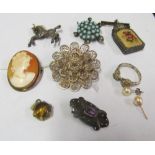 A cameo brooch, marcasite brooch et cetera