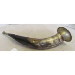 A horn with metal mounts and stag motif, impressed A.O.F., various shot and a leather pistol holder