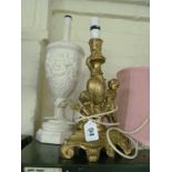 A white classical design lamp (fitting a/f) and a gilt table lamp cherubs