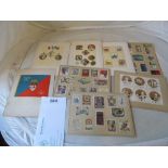 Various cards stuck with French stamps and labels