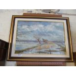 An oil on canvas flooded fields, signed Cesar framed