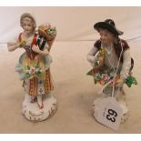 A pair of small porcelain figures man and women carrying flowers (a/f)