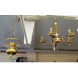 A five branch marble and gilt metal chandelier and a brass electric lantern with holophone shade