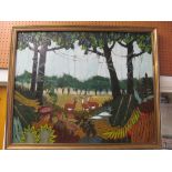 Fran Slade - oil on canvas three gazelles looking through trees and plants