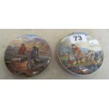 A pot lid man and children fishing and another The Sportsman (both chipped)