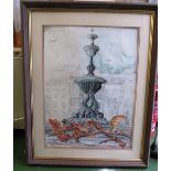 A large watercolour dolphin fountain on Old Steyne, Brighton, framed and glazed