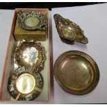 A silver caddy spoon, two silver dishes, silver bowl and two other silver items