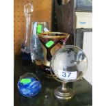 Various glass ornaments including a miniature globe