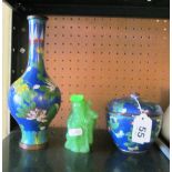 A cloisonné vase, lidded bowl and jade style figure