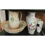 Two pairs of vases, a wash jug and bowl