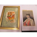 A silk of Queen, silk butterfly picture and a porcelain plaque courting couple