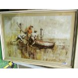 Peter Connolly - an oil (painted by scrubbing brush) two men pushing a boat with lady in it