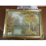 A small modern oil river scene and two prints
