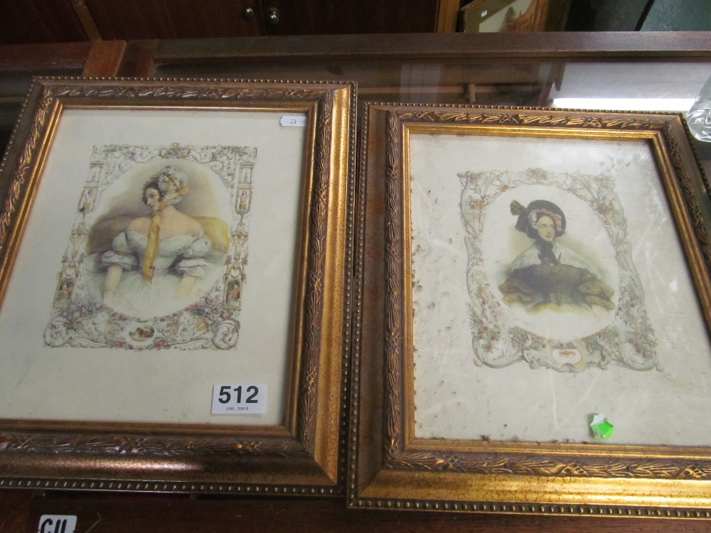 A pair of prints Victorian ladies, other prints and a mirror