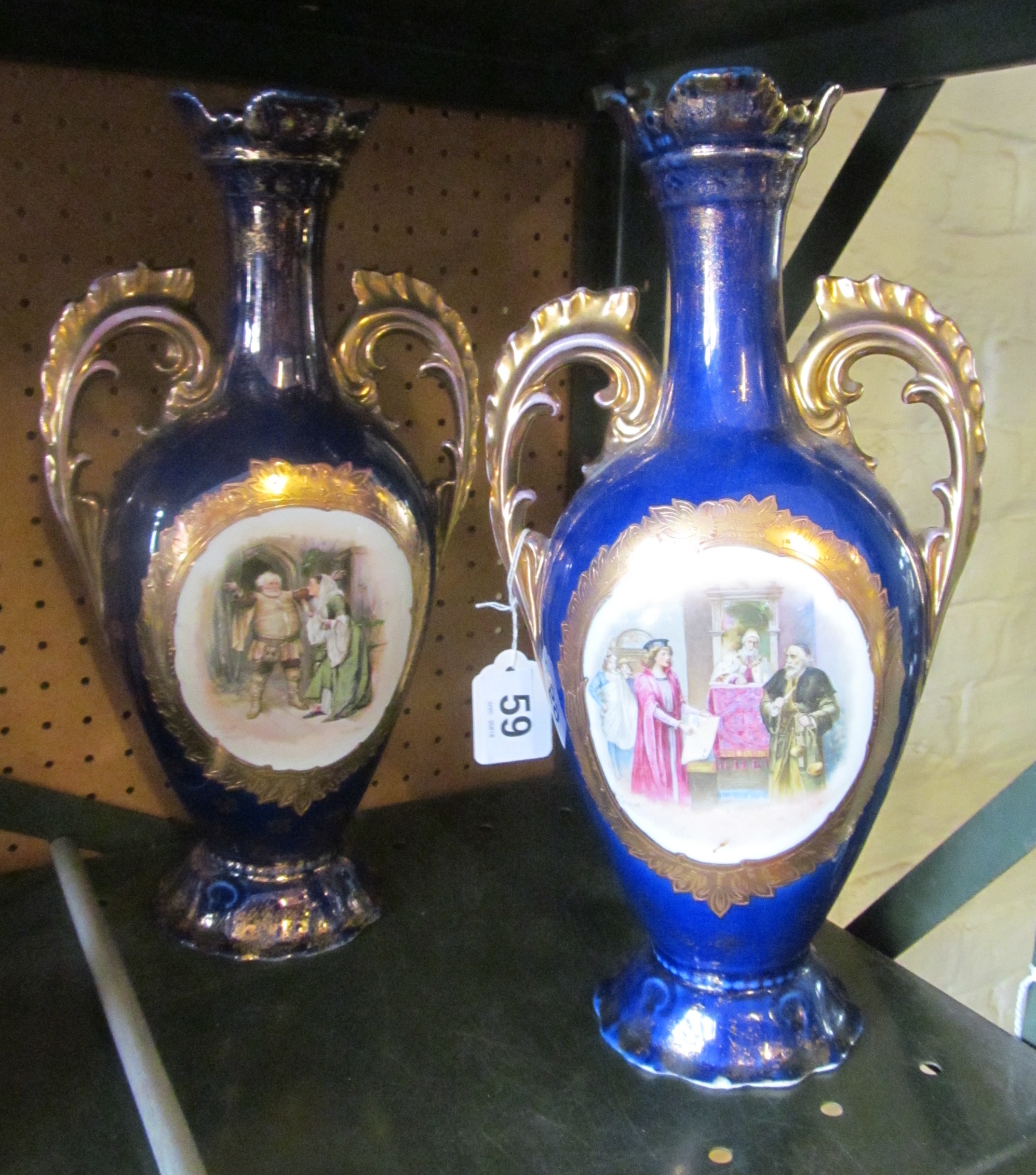 A pair blue and gilt vases (one restored)