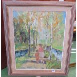 E Curtin - Nordic artist oil on canvas two children walking through wood c 1960s signed and framed