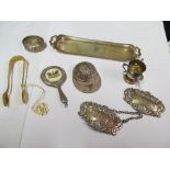 A silver tray, miniature trophy cup, two wine labels, jockey set, silver gilt tongs et cetera