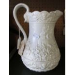 A possibly Ridgway 19th Century white relief moulded jug battle scene with dolphin handle