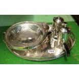 A silver-plated swing handled cake basket and other plated items