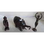A carved elephant, figures and a bronze finish ballerina (repaired)