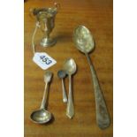 A silver (Dublin 1828) spoon embossed design of bird, three other silver spoons and a small