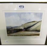 A print 'Downs above Fulking' and watercolour Piddinghoe