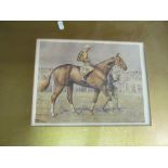 A pastel of horse's head and three horse racing prints