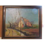Juan Bayon Salado - 1913-1995 impressionist style oil on canvas cottage with lane and fields, signed