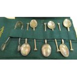 Six silver spoons and tongs