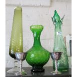Three glass vases and two plated goblets