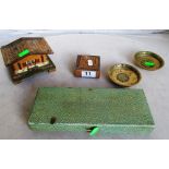 Two brass and enamel dishes, shagreen box, carved box and a Swiss cottage musical box