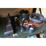 Various oriental stands (one a/f), other treen and a metal eastern bangle