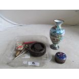 A cloisonné pill box, vase decorated camel et cetera