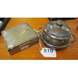 A small silver cigarette box and a plated lidded pot