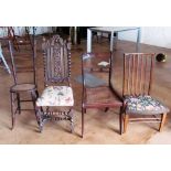 A Regency mahogany cane seated chair, oak Carolean style chair and a childs high chair with cane