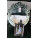A 1920s Venetian style freestanding mirror and a small butterfly wing picture of a lady