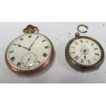 A 9ct gold pocket watch and a silver fob watch (glass missing)