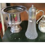 A plated wine cooler and a claret jug with plated lid