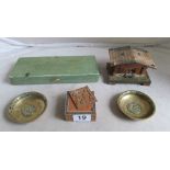 Two brass and enamel dishes, shagreen box, carved box and a Swiss cottage musical box
