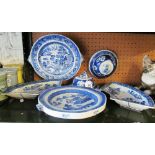 Two Chinese blue and white warming dishes, three plates and two lids