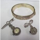 Two silver and diamante nurse's watches and silver bracelet