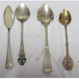 Two silver jam spoons, silver thistle terminal spoon and shamrock terminal spoon
