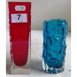 A Whitefriars 'Blue Bark' vase and a red 'Nailhead' vase by Geofrey Baxter